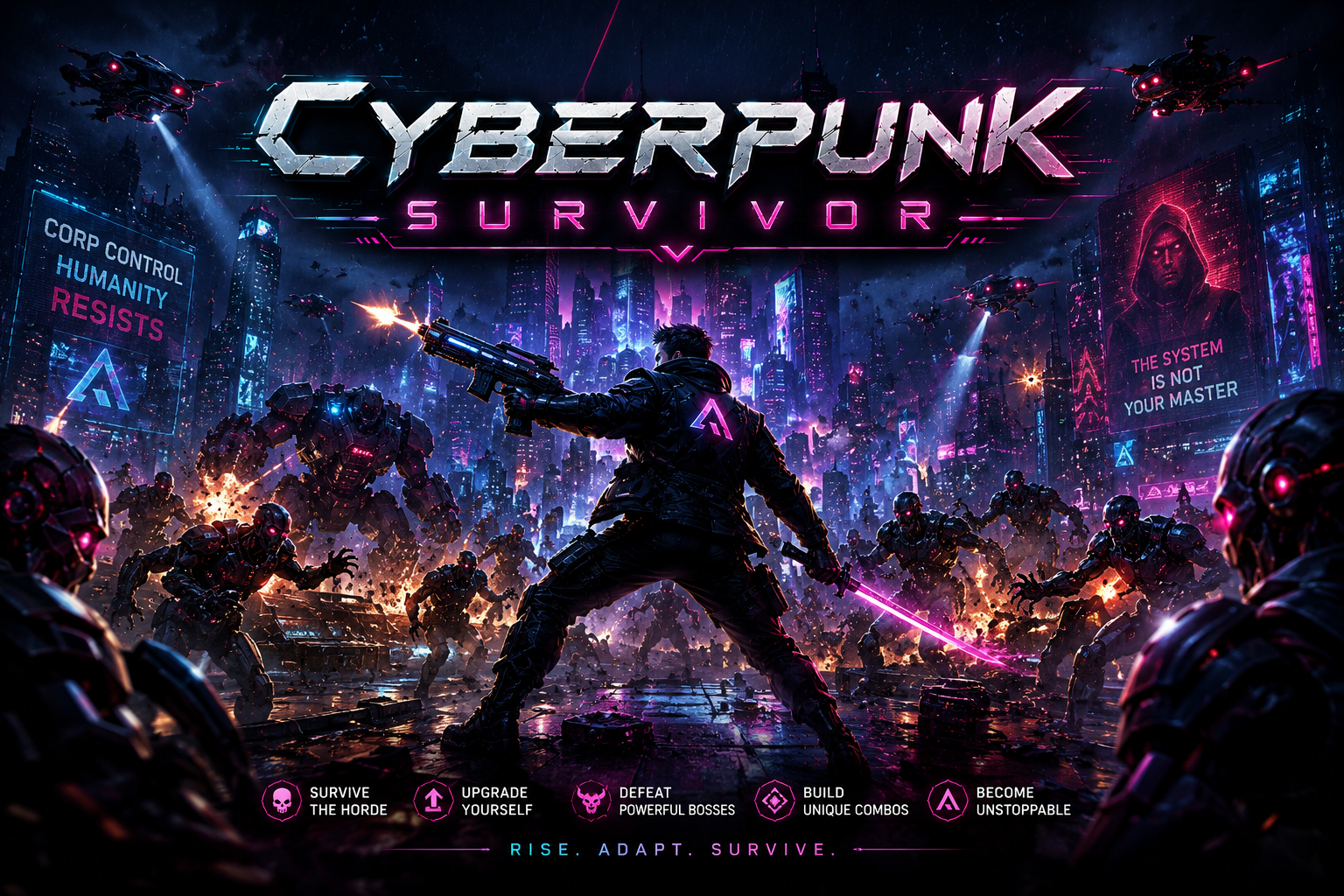 Cyberpunk Survivor promotional key art showing Atlas surrounded by a cybernetic horde in a neon city.