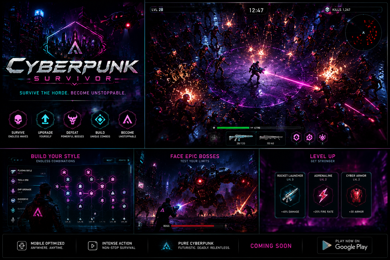 Promotional composition showing horde combat, an upgrade tree, a boss encounter, and level-up choices.