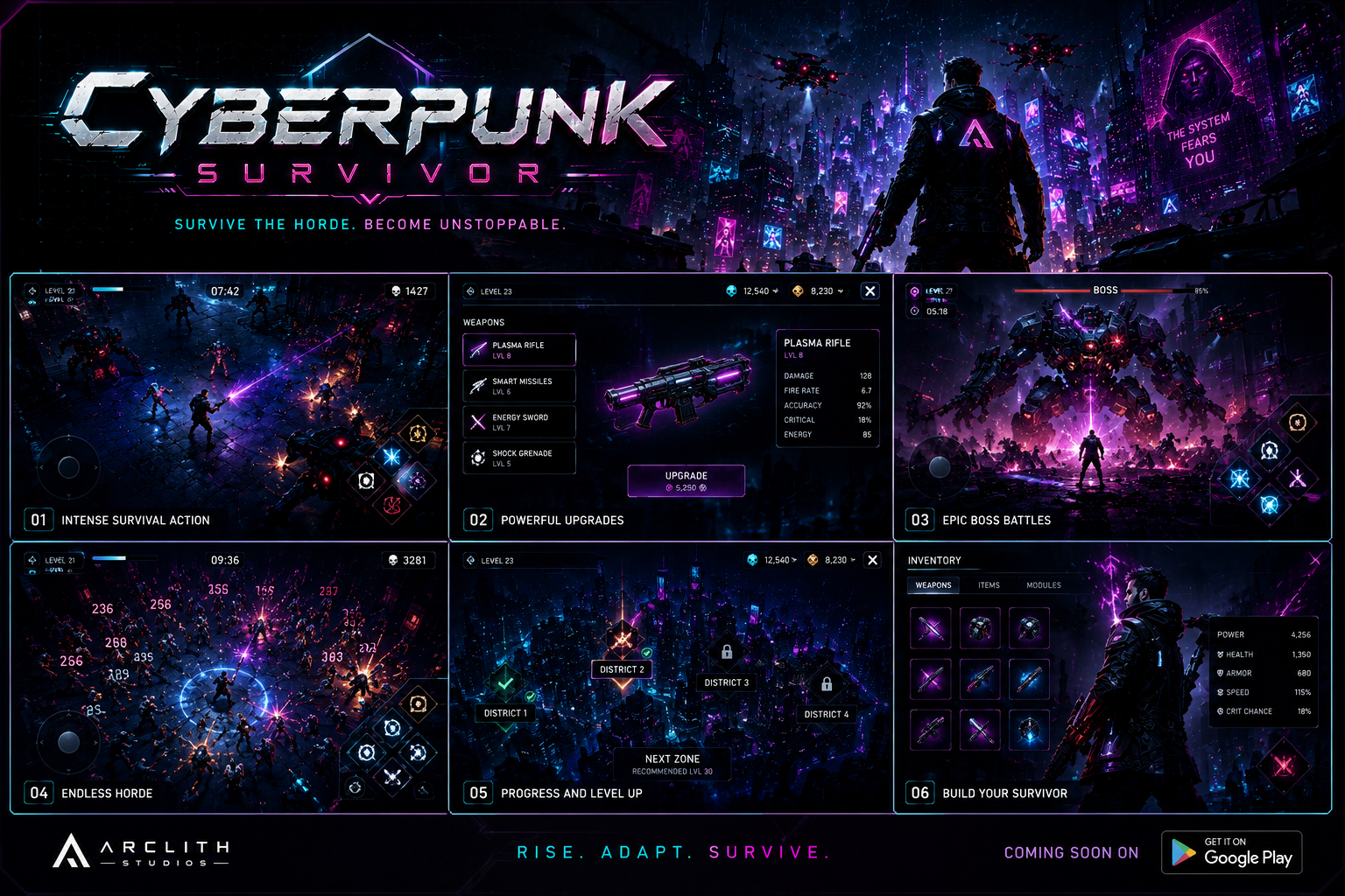 Promotional composition showing survival combat, weapon progression, city districts, a boss, and character development.