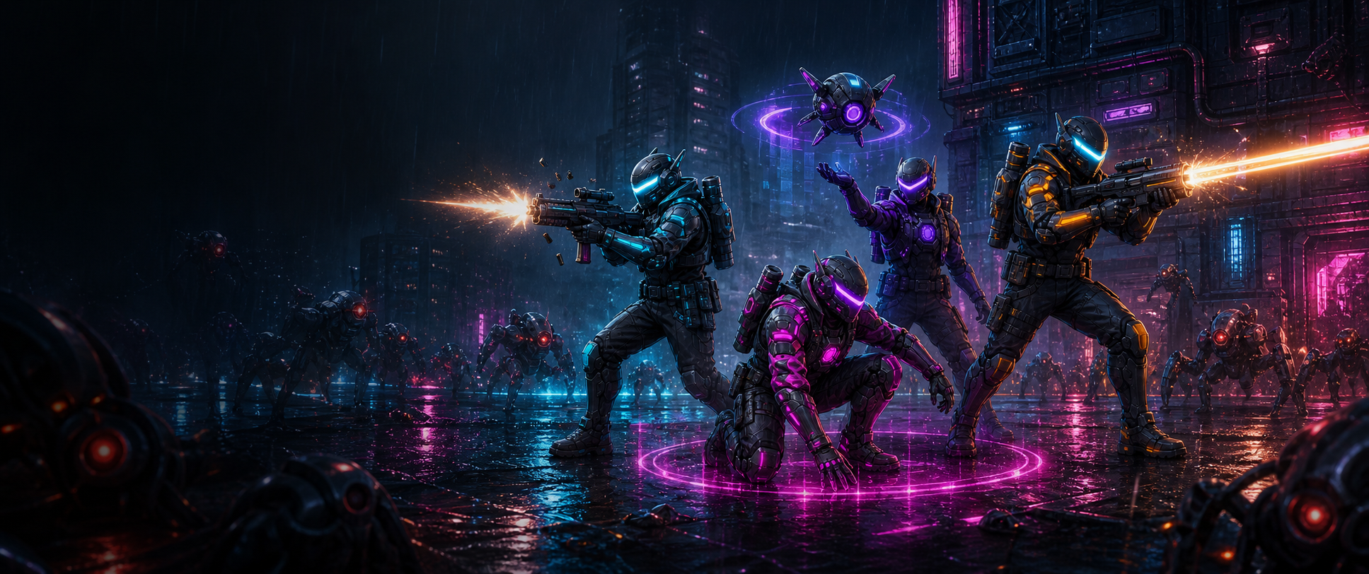 Four operators fighting and reviving a teammate during a Cyberpunk Survivor online operation.